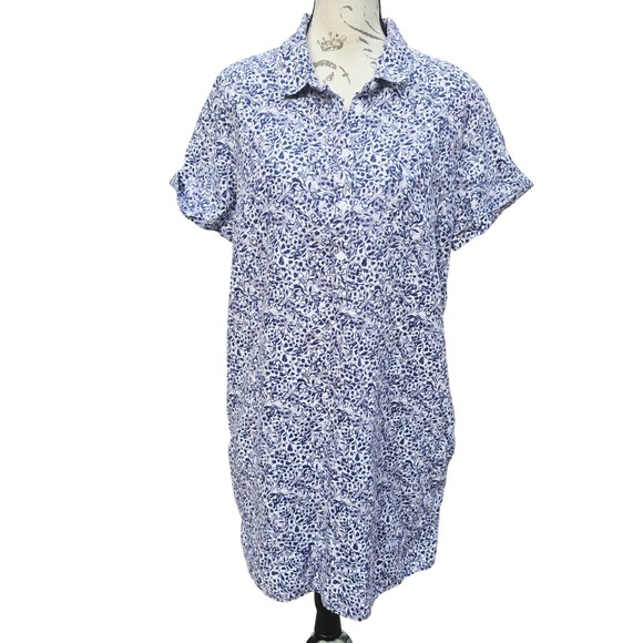 Garnet Hill European Flax Linen Floral Print Button Front Shirt Dress Size L - Picture 2 of 10